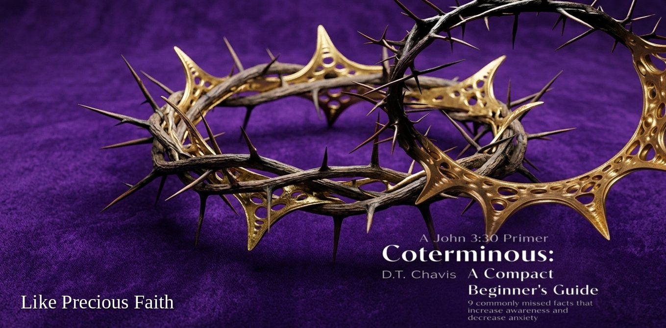 Coterminous: A John 3:30 Primer, A Compact Beginner's Guide, by D.T. Chavis — a crown of thorns interwoven with gold on deep purple. 9 commonly missed facts that increase awareness and decrease anxiety. Like Precious Faith.